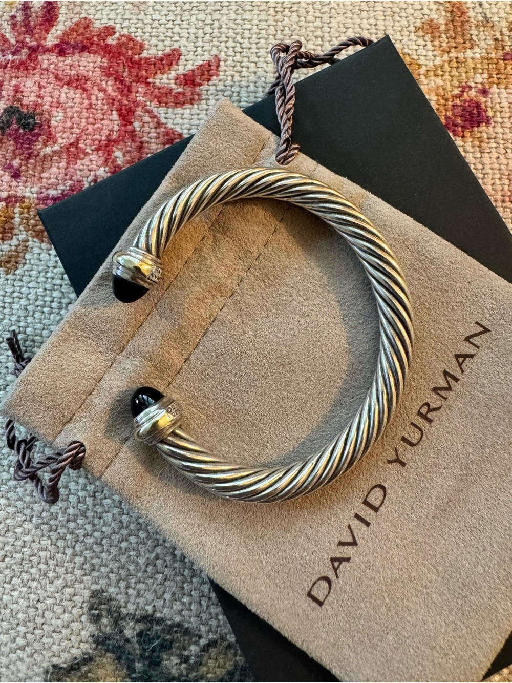 David Yurman Two-Tone Sterling Cable Bracelet with Black Onyx Endcaps